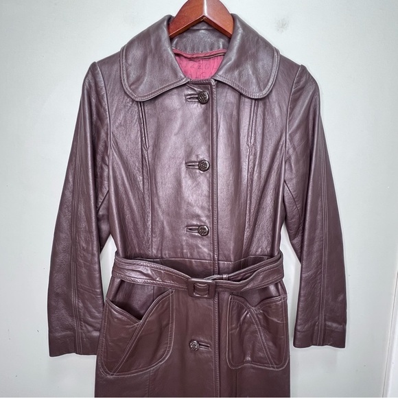 Vintage 70s Jeno du Paris Brown Leather Trench Coat Size Small Made in Canada - Picture 2 of 16